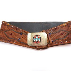 Vintage Kidney Belt Motorcycle Leather w/ Studs Mountain Lion Thunderbird Buckle